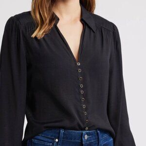 PAIGE Camu Jacquard Gold Ring Black V-Neck Button-Up Shirt Size 8 BNWT